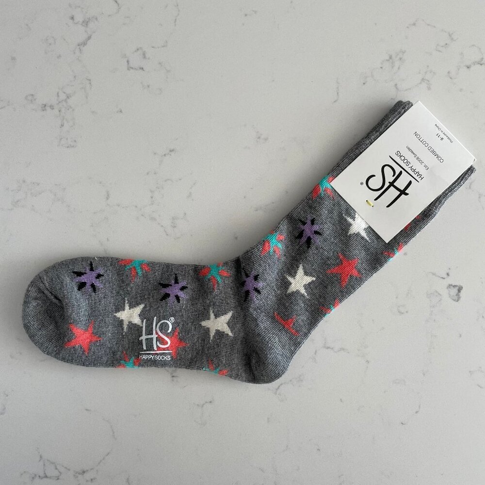 Happy Socks Est 2008 Sweden Star Print Crew Socks Charcoal Pink Wht 5.5-9.5 W